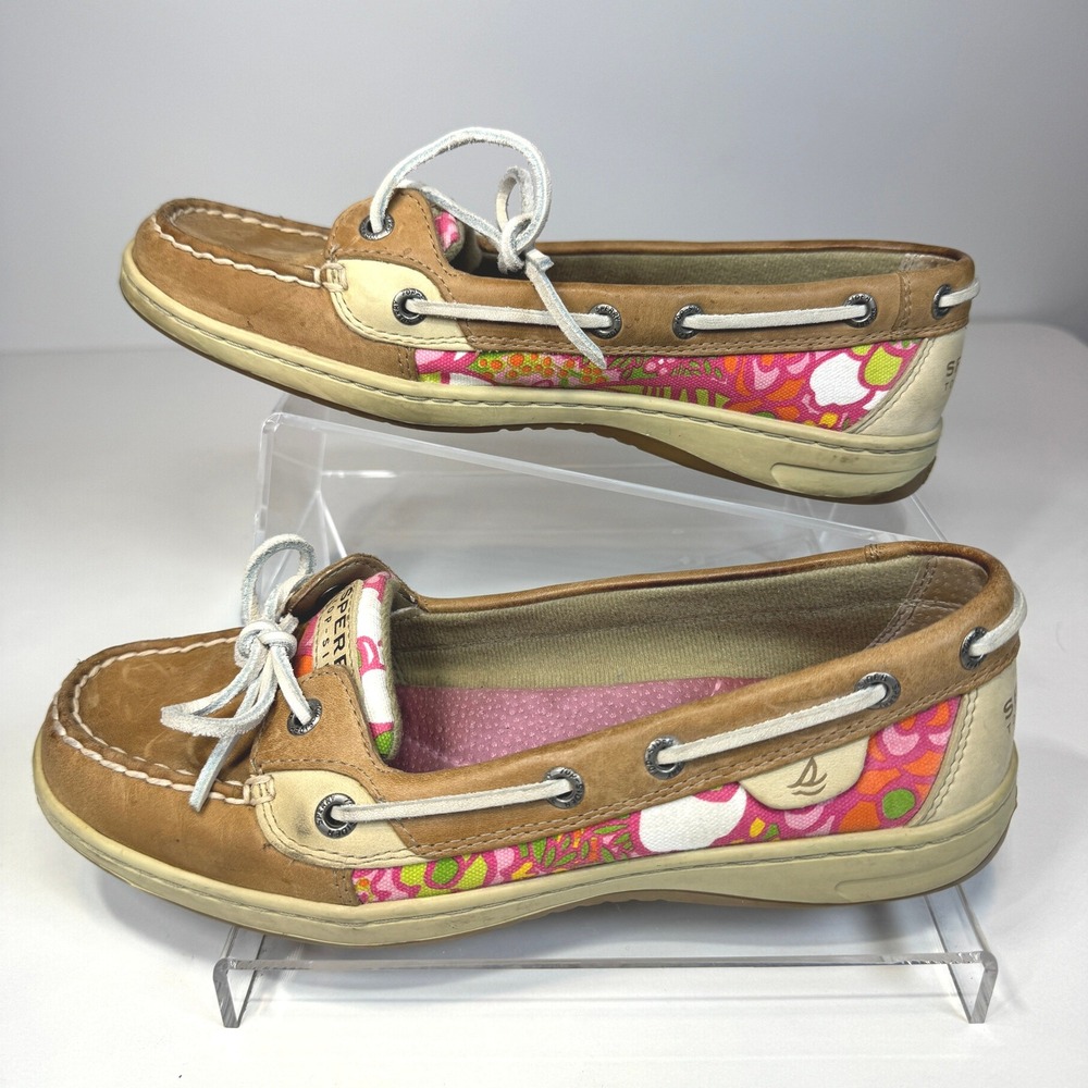 Sperry Top-Sider Authentic Original Boat Shoes 8M Tan Pink Floral Coastal Preppy